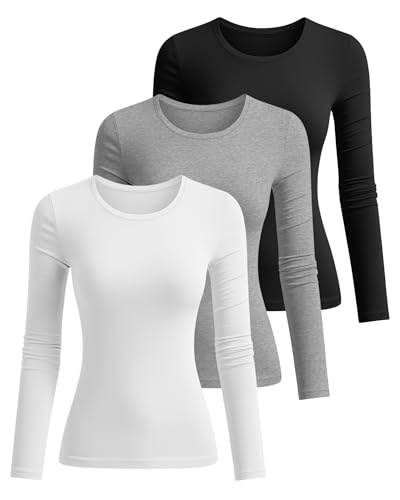 Riyiper 3 Pack Women's Long Sleeve Shirts Cotton Crew Neck Tops Slim Fitted Stretchy Casual Basic Tees 2025 Fall2
