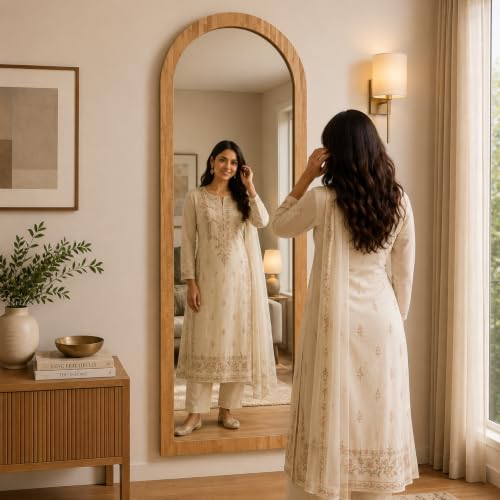 Image of Creative Arts n Frames 45X150 CM Full Length Dressing Chevel Long Strong Framed HD Mirror for Bedroom Living Room Home Office (Natural Iqurel Oak Light 18x60 inch Full Length Framed Arch HD Mirror)
