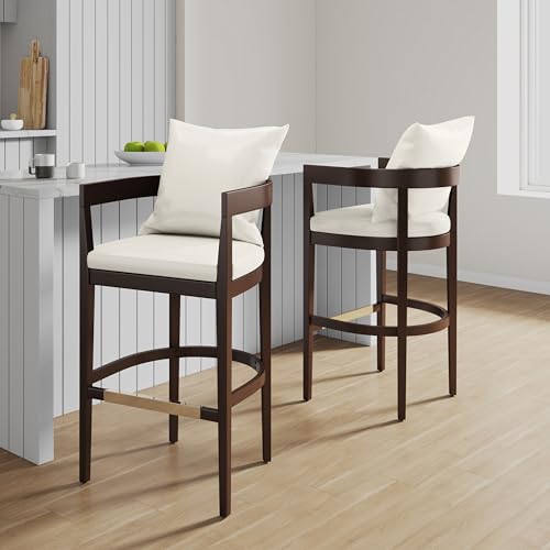 Butaco de cuero vegano Manhattan Comfort Ritz con respaldo acolchado suelto, patas de madera de haya, reposapiés de metal dorado, diseño moderno de mediados de siglo, completamente ensamblado, altura de asiento 30,5 pulgadas, juego de 2, color marfil miniatura 2
