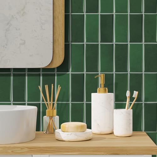 Azulejos Adhesivos Cocina Geometría Verde Vinilo Adhesivo Pared Pvc Azulejos Adhesivos Baño Impermeable Revestimiento Pared Pvc Duradero Vinilo Cocina Baldosas Adhesivas Pared 10.16x20.32cm/64 pcs