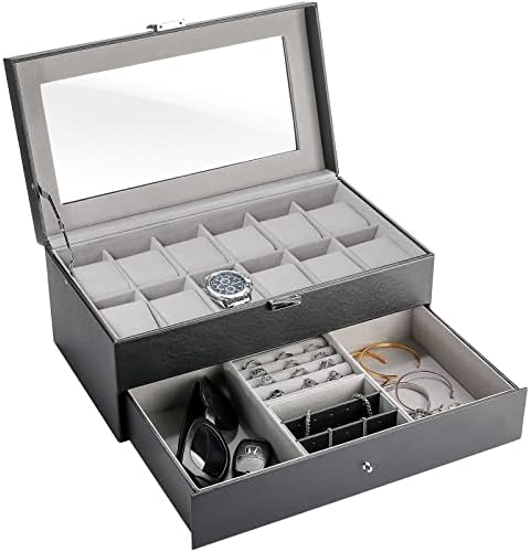 ProCase Father's Day Gift 12 Slots Watch Box Case for Men Women, Mens Jewelry Organizer Watch Holder Display Case with Drawer, PU Leather Watch Storage Boxes with Glass Lid and Pillow - Black