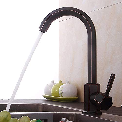 Grifo de Cocina Monomando de Bronce Antiguo Negro Giratorio de 360° - Mezclador de Agua fría y Caliente Retro