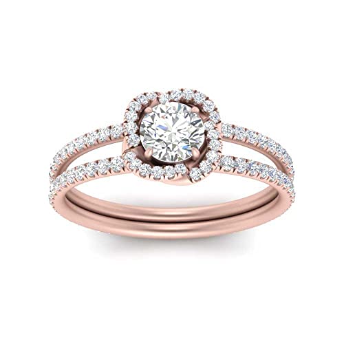 Image of 55Carat Choose Your Gemstone Pave Split Shank Halo Diamond CZ Ring Rose Gold Plated Round Shape Halo Engagement Rings Everyday Jewelry Wedding Jewelry Handmade Gifts for Wife US Size 4 to 12