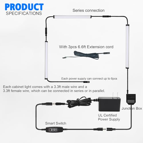 Image of Under Cabinet Lights Plug in Led Light Strip 12 Inch 15W Dimmable Timing Under Counter Lights for Kitchen, Workbench, Desk Male and Female Connection 3 Pack