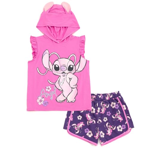Disney Lilo & Stitch Angel Little Girls Hooded Cosplay Tank Top & French Terry Dolphin Shorts Outfit Set Pink/Purple 7-8