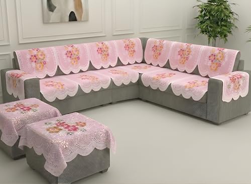 Image of Fab Nation Sofa Cover L Shape 5 Seater with Corner L Type Fully Covered Sofa Set for Living Room | Cotton Sofa Slipcovers for 3 + 2 Seaters Cover with 2 Arms + 2 Setty Covers | Pink Flowers