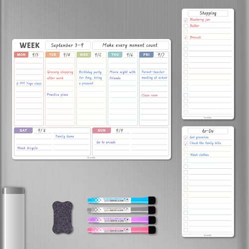 ALEZEL Magnetic Weekly Calendar Whiteboard for Fridge, Refrigerator Dry Erase Weekly White Board, Includes Magnetic Weekly Planner for Fridge with 2 List Boards, 4 Markers + Eraser