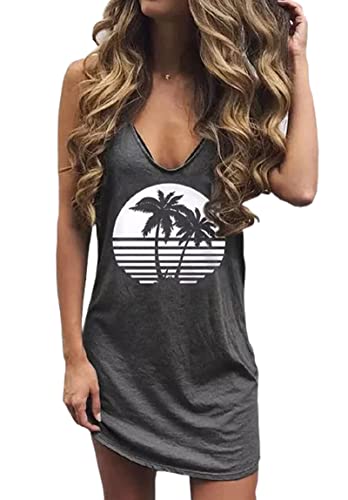 Image of Live Simple Coconut Tree Sleeveless Dress Sunshine Sand Beach Women's Summer Casual V Neck Mini Dress