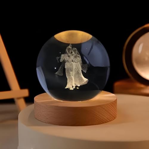 Image of STARKENDY3D Radha Krishna Crystal Ball LED Night Lamp, Creative Engraved Night Light Wooden Base, Warm White Decorative Table Lamp for Home, Office, Bedroom, Birthday Gift