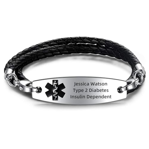 Free Engraving Medical Alert Bracelets for Women & Men with Rolo Leather Rope | Interchangeable Replacement Bracelet | Stainless Steel Personalized Medical ID Tag