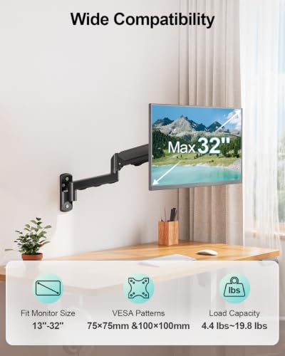 Image of MOUNT PRO Monitor Wall Mount for 13 to 32 Inch Computer Screens, Single Monitor Mount with Tilt /Swivel /Rotation Adjustable, Gas Spring Wall Arm Holds up to 19.8lbs, Vesa Wall Mount 100x100