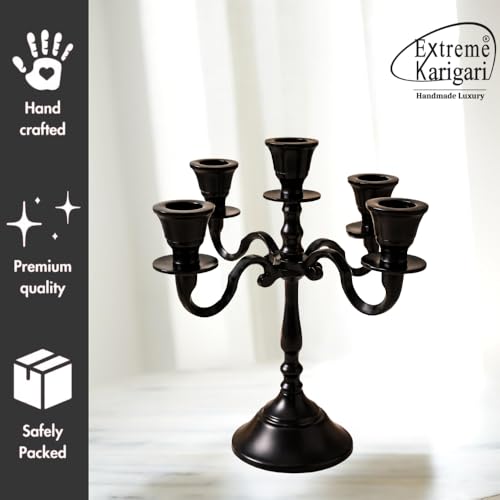 Image of Aluminum 5-Arm 8inch Black Matt Candelabra for Dining Table | Vintage Candle Stand for Romantic Dinner, Home & Wedding Decor