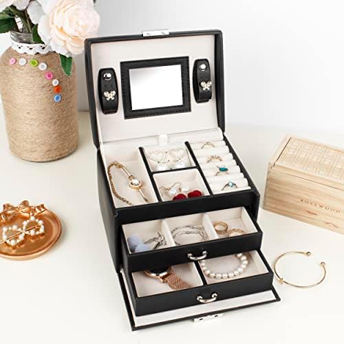 KILHS Jewelry Box, 3-Layer Pu Leather Jewelry Storage Box With Mirror And Lock, Drawer Type, Used To Store Rings, Bracelets, Earrings, Necklaces, Synthetic Leather And Velvet, Gifts For Women Black