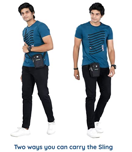Image of Men's Nylon Traveler Sling or Mobile Pouch, Attach to The Waist Belt with 3 Zips and 3 Internal Pockets, Mini Carabiner