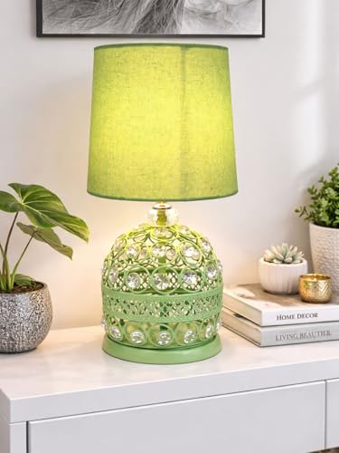 Image of Modern Small Crystal Table Lamp,Contemporary Bedroom Bedside Nightstand Lamp,Morden Minimalist, Desk Globe Lamp for Living Room Girls Kids Room, White Fabric Shade (Green)