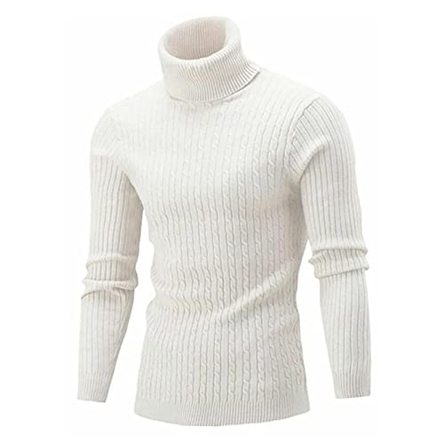 Teksome Suéter de punto para hombre, ligero, cuello alto, casual, de punto trenzado, suéter para hombre, blanco,