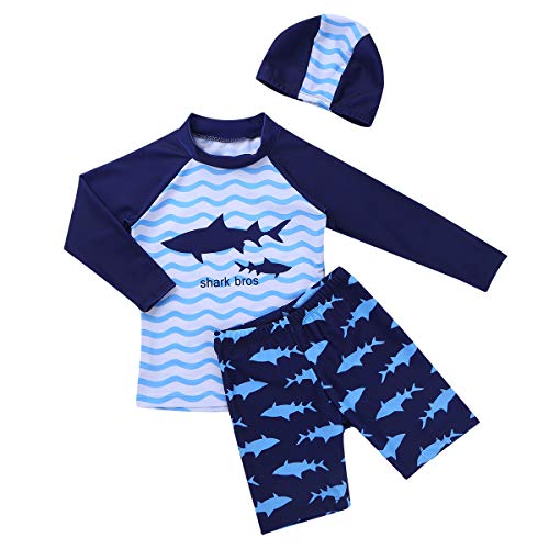 moily Baby Boys/Girls Shark Bros Tankini Set Rash Guard Shirts Board Trunks with Sun Hat Sunsuit Swimsuit Navy Blue 7-8