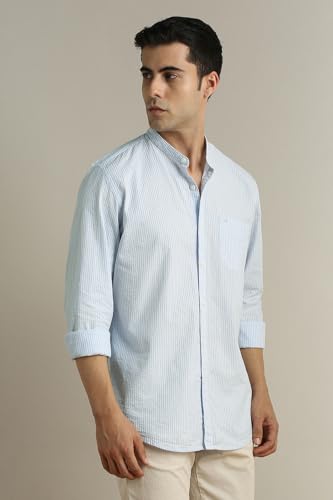 Image of Peter England Men's Casual Mandarin Collar Slim fit Full Sleeve Shirt in 100% Cotton Seersucker with Striped Design