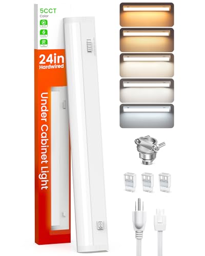 ALUSSO LIGHTING® 24 Inch LED Under Cabinet Lighting Hardwired Plug in, 5CCT Color Selectable 2700K-5000K Dimmable 15W 1350LM High Brightness, Linkable Strip Under Counter Lights for Kitchen, UL Listed