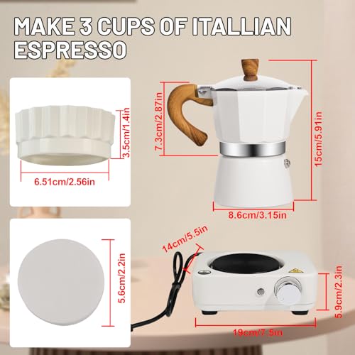 Image of DITOSH 4-in-1 Moka Pot Espresso Set with Electric Stove 3 Cup Aluminum Stovetop Coffee Maker Percolator Italian Classic Mocha Coffee Machine with Powder Dispenser Filter Paper Portable Camping White
