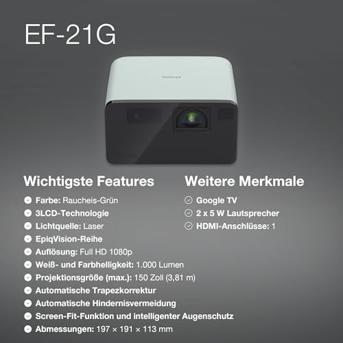 Epson EpiqVision EF-21G tragbarer Mini-Laserprojektor, Full-HD 1.080, 3LCD, 1.000 Lumen, bis zu 150-Zoll-Projektionsfl&auml;che, Bluetooth-Lautsprecher, Chromecast, Google TV, gr&uuml;n