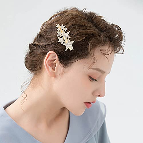 Paquete de 4 Pinzas para el cabello con diseño de estrella de cinco puntas, clip antideslizante con pedrería, elegante clip de pico de pato para niñas y mujeres (Dorado+Plateado) miniatura 3