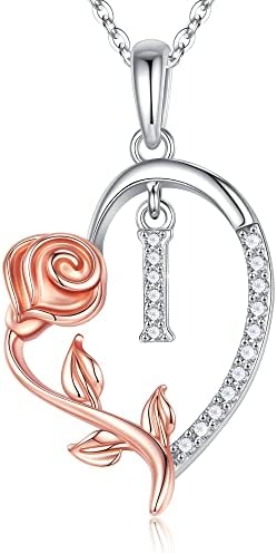 Sterling Sliver Heart Initial Necklaces for Women Girls Jewelry, Dainty Rose Flower Heart Letter I Necklace Unique Initial Necklaces for Women Girls Mothers Day Valentines Birthday Christmas Gifts
