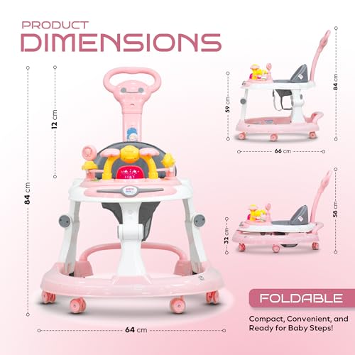 Image of Happy Bear Astro Baby Walker with Parent Handle | Height Adjustable Walker with parent Handle Baby 9 Months and Above | Activity Walker for Baby | Removable Push Parent Handle | Walker for Boys and Girls - Pink
