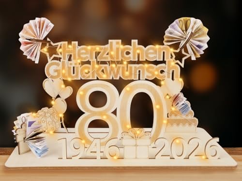 ARTREE Geldgeschenke Geburtstag Frau Mann, Holz Schild Gästebuch mit LED Lichterkette, Personalisiertes Geschenke Geburtstagszahlen, Geburtstag Deko, Hochzeit Deko