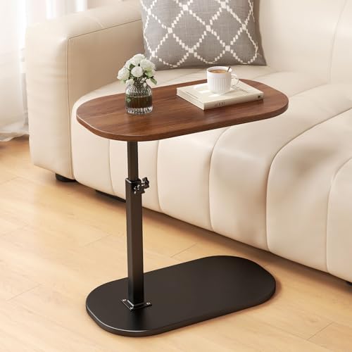 C Shaped End Table Adjustable Height, 360°Swivel Couch Table That Slide Under, Mobile C Shaped Side Table for Bed and Sofa, Rotating C Small Coffee Tables for Small Spaces (Walnut)