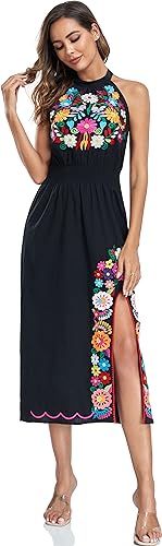 YZXDORWJ Women's Mexican Floral Embroidered Halter Neck Split Sleeveless Ruffle Party Long Dresses2