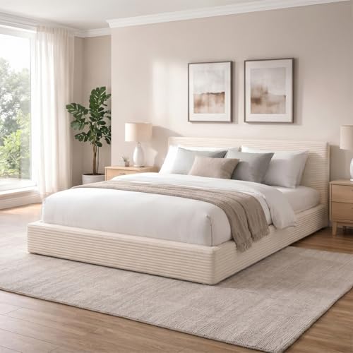 Novilla King Size Bed Frame Plush CloudSoft Bed Corduroy Upholstered Platform Bed Frame with Headboard Easy Assembly No Box Spring Needed Modern Soft Bed Frame White