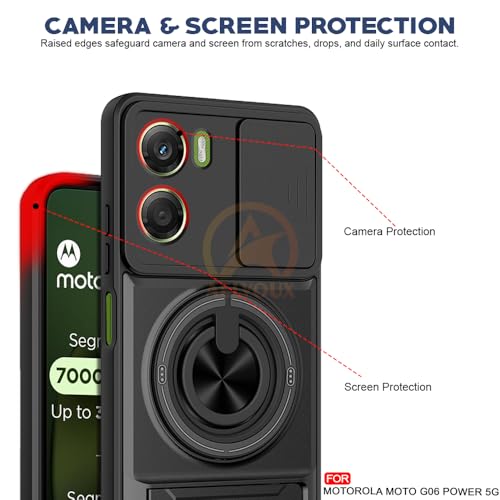 Image of Moto G06 Power 5G Back Cover | Armor Camera Slider 360 Degree Rotating Finger Ring Holder Case with Bracket Stand Back Case Cover (Compatible with MagSafe Accessories) (Black)