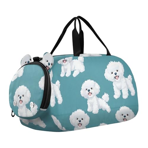 Duffle Bag for Boys or Girls with Shoes Compartment, White Dogs Animal Sports Travel Bag Overnight