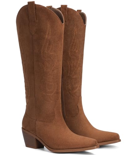 Image of Pasuot Western Cowboy Boots for Women - Knee High Wide Calf Cowgirl Boots, Slip On Pointed Toe Chunky Heel Fashion Retro Classic Pull On Tall Boot for ladies Party concert
