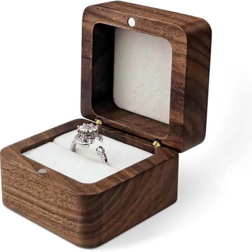 Boite Alliance Mariage en Bois Naturel avec Intérieur Blanc Écrin Bague Fiançailles Compact 5,5cm Porte Alliance Mariage Magnétique pour Demande Surprise...
