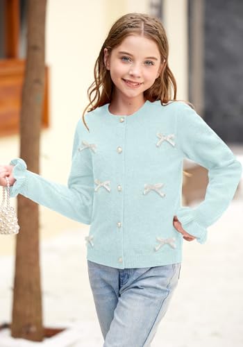 BesserBay Girl Fall 3D Bow Button Down Knit Ruffle Long Sleeve Cardigan Sweater 6-14 Years2