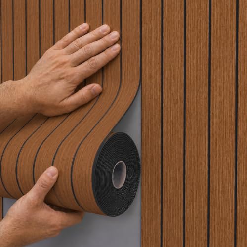 Image of Peel and Stick Wood Slat Wall Panels, Teak, 236 x 15.7 in | 3D Fluted, PVC Paneling for Accent Wall, Ceiling, Living Room, Office, Bedroom