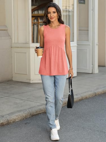 TICTICMIMI Womens Tank Top Sleeveless Babydoll Tops Loose Fit Crew Neck Dressy Blouse Flowy Casual Summer Clothes Coral — view 6