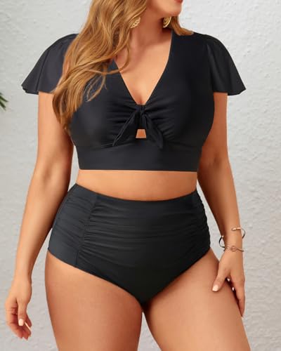 Yonique Womens Two Piece Plus Size Bikini Set High Waisted Swimsuits Tummy Control Bathing Suits Short Sleeve Swimwear3