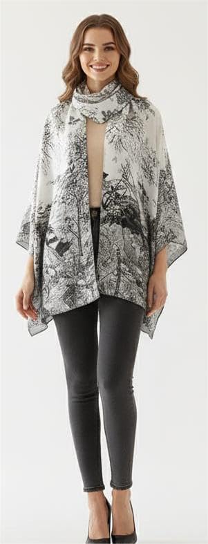 Image of Premium Silk Stole for Women | Lightweight Printed Silk Scarf & Hijab | Elegant Party (72 x 36 Inch) (Black and White Tree Print)