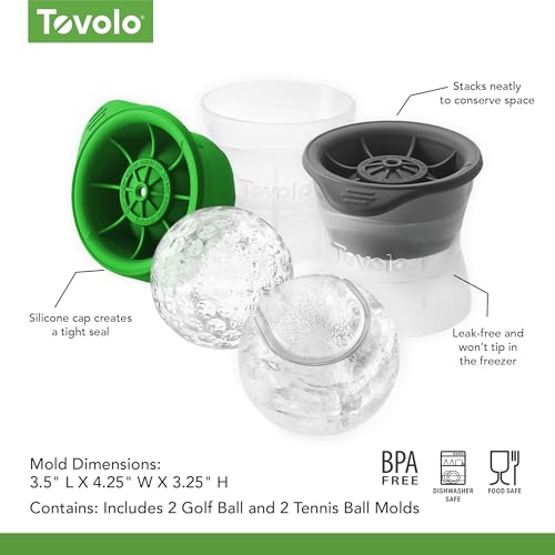 Image of Tovolo Sports Ice Mold Bundle Set of 4 Golf Ball and Tennis Ball Shapes Large Craft Ice Cubes for Whiskey Cocktails with Silicone Lids, Easy Fill Craft Ice Mold for Sports Fans