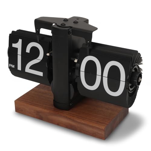 Retro Digital Flip Down Clock, Flip Desk Clock with Walnut Base for Room, Home, Office Decor