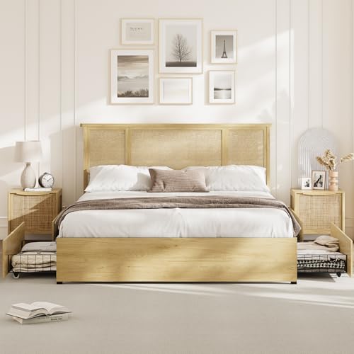 GarveeLife Queen Size Rattan Headboard Bed Frame, 4 Wooden Storage Drawers, Strong Metal Base Support, Cane Weave Design, Bed Frame with Drawers for Storage, Modern Rattan Bed Design