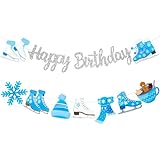 Silver Glitter Ice Skating Birthday Party Banner Decorations for Winter and Gender Reveal Parties