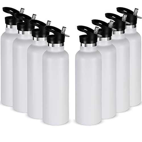 Neihepal Botella de Agua Aislada 24oz Paquete de 8, Acero Inoxidable Pared Doble, Botella Deportiva con Tapa de Pajilla y Asa Blanca