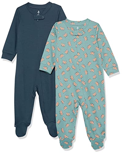 Amazon Aware Ropa para Dormir y Jugar de Algodón Orgánico con Pies Unisex Bebés, Pack de 2, Azul Marino/Verde Zorro Estampado, 3-6 Meses