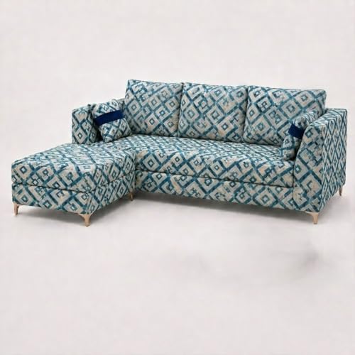 Image of FURNY Signature Cresta 4-Seater L-Shape Sofa Set with Movable Ottoman | Flexible LHS /RHS Layout | Tapestry Fabric | 40D Foam + Zigzag Spring | 3-Yr Warranty (Lagoon Mosaic Blue)