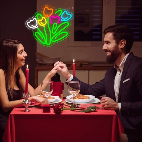 Image of Dracey Tulip LED Neon Sign, Dimmable LED Tulip Flower Neon Light Signs, Florist Bunch Store Shop Bedroom Club Wall Decor, Gift for Mother's or Valentine's Day(13 * 11.4 in)