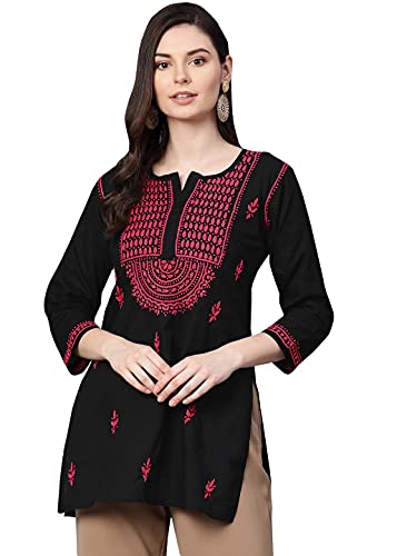 Image of Ada Women's Cotton Regular Fit Tunic Hand Embroidered Lucknow Chikankari Short Top Kurti A100554